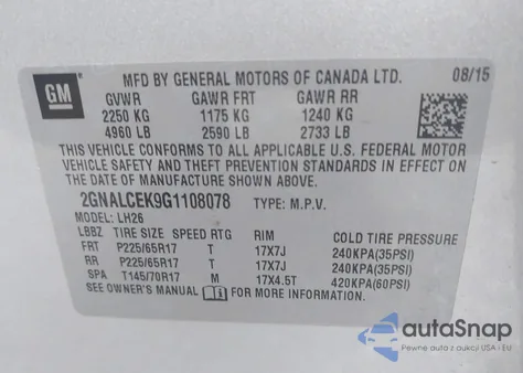 2016 Chevrolet Equinox Lt из США, поврежденный, VIN 2GNALCEK9G1108078